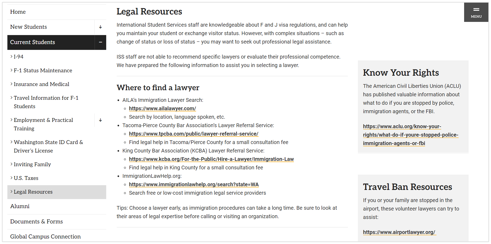 Página de recursos de derecho de la Pacific Lutheran University